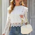 Donna top corto in pizzo bianco maniche lunghe sexy camicetta trasparente floreale elegante - Taglia S / Bianco