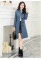 Elegant women's mid-length wool blend coat with stand collar and chic single-breasted design. - S / Blue