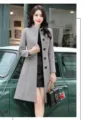 Women grey wool blend trench coat long sleeve single breasted Korean style winter outerwear - S / Gray