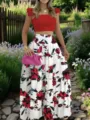 Zweiteiliges Sommer-Outfit mit rotem Crop-Top und geblümtem Maxi-Stufenrock im Garten. - S / Set / Rote Blumen bedruckt