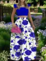 Zweiteiliges Damen Outfit, blaues Rüschen Top und weißer blauer Blumendruck Rock. - S / Set / Blaue Blumen bedruckt