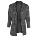 Détail de la veste blazer femme scintillante à sequins et coupe ouverte en gris foncé. - S / Hauts / Noir