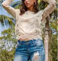 Top corto sexy in pizzo trasparente a maniche lunghe da donna moda estiva casual - Taglia S / Albicocca