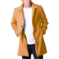Men camel wool coat detail view, classic lapel, single breasted design, quality fabric. - M / Earthy Yellow