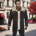 Men's winter thick suede faux shearling long coat with lapel and buckle strap details. - S / Coffee