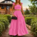 Einfarbiges Rüschen-Crop-Top und gestufter Maxirock im Zweiteiler-Set für Damen im Sommer. - S / Set / Rosa