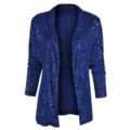 Femme blazer cardigan sequins bleus, veste longue scintillante ouverte pour soirée élégante. - Bleu