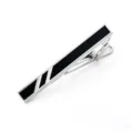 Men's silver metal tie clip with black geometric enamel stripe detail for business suit. - Silver