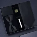 Luxe heren zakelijke zwarte das set met vlinderdas pochet manchetknopen geschenkdoos - KH5A8007-12 handgeknoopte stijl