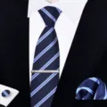 Herren gestreiftes Krawattenset mit Einstecktuch, Krawattenklammer und Manschettenknöpfen Detail. - Reißverschluss Business Stil(W6R8001-1)
