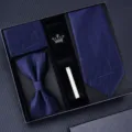 Luxe heren zakelijke formele donkerblauwe das pochet vlinderdas manchetknopen set - KH5A8042-13 handgeknoopte stijl