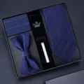 Heren zakelijke blauwe stropdas set 5st vlinderdas pochet manchetknopen cadeau doos pak. - KH5A8045-13 handgeknoopte stijl
