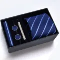 Conjunto de corbata a rayas azul para hombre con caja de regalo, gemelos y pasador. - Modelo con cremallera | KH6R8002-1