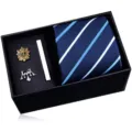 Men's gift box including a blue striped tie, fashion lapel pins and a sleek metal tie clip. - HVY8217-1