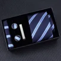 Heren donkerblauwe gestreepte stropdas set met pochet manchetknopen en stijlvolle geschenkdoos. - Rits 6cm Smal KH6R6001-1