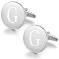 Silver tone round initial G engraved cufflinks for men formal business dress shirts accessory. - Letter G