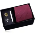 Men's tie gift set featuring a burgundy striped necktie, gold crest brooch, and silver tie clip. - HVY8212-1