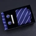 Heren klassieke blauwe gestreepte stropdas cadeaupakket met pochet manchetknopen en dasspeld - Rits 6cm Smal KH6R6002-1