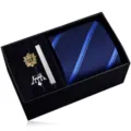 Men's business formal tie gift set with blue striped zipper tie, cufflinks, and tie clip. - KHVY8110-1