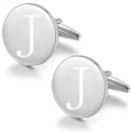 Silver tone round initial letter J cufflinks for men business formal dress shirt cuffs new - Letter J