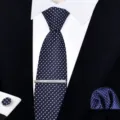 Detailed view of luxury business navy blue tie set with geometric pattern and metal clip. - Zipper Business Style(W6R8009-1)