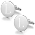 Silver tone round metal cufflinks for men featuring laser engraved letter L for formal business wear. - Letter L