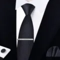 Detail view of black striped men business necktie, tie clip, pocket square and cufflink. - Zipper Business Style(W6R8010-1)