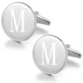Silver round brass metal cufflinks with custom letter M engraving for men business shirt. - Letter M