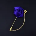 Exquisite blue fabric rose boutonniere brooch with gold chain and leaf detail for wedding groom. - Dark Blue