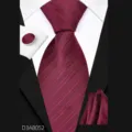 Men's business burgundy tie pocket square cufflink set detail view, elegant fabric design. - Burgundy Double Striped