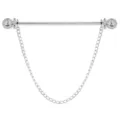 Close-up detail of silver-toned metal shirt collar pin with chain tassel and round ends. - Single Chain / Silver