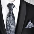 Herren schwarz grau Paisley Krawatte und Einstecktuch Set, ein klassisches Business Krawatten-Set. - Reißverschlusskrawatte + Einstecktuch(D2R8061-X) / 8cm / Schwarz und Grau