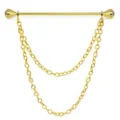 Gold tone metal shirt collar pin with double draped chains and crystal rhinestone ends. - Double Chain / Gold