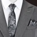 Herren schwarz grau Paisley Krawatte Einstecktuch Set retro britischer Stil Geschenkbox - Reißverschlusskrawatte + Einstecktuch(D2R6061-X) / 6cm / Schwarz und Grau