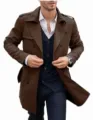 Men's classic double breasted trench coat detail view, stylish autumn outerwear. - M / Coffee