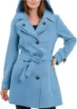 Stylish women's blue hooded wool trench coat with button closure and waist belt for winter. - S / Blue