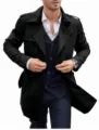 Double-breasted trench coat detail featuring classic lapels, long sleeves, and stylish slim fit. - M / Black