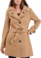 Close-up detail of the stylish camel hooded wool coat featuring a matching belt and buttons. - S / Khaki