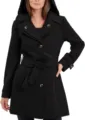 Close-up of elegant black hooded coat featuring chic double-breasted buttons and matching belt. - S / Black