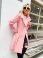 Pink double-breasted wool blend coat featuring classic lapels and gold-tone buttons in detail. - M / Pink