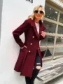 Women long wool blend trench coat double breasted winter outerwear elegant lapel classy - M / Dark Red