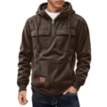 Detailed view of men's brown corduroy quarter-zip hoodie with pockets and hood. - S / Tops / Coffee