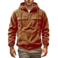 Men corduroy quarter zip hoodie with pockets, detailed view of chest pockets and zipper. - S / Tops / Blue
