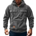 Men's casual hooded sweatshirt jacket with quarter zip, multi pockets and textured fabric. - S / Tops / Gray