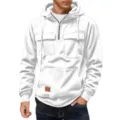 Men's white corduroy half-zip hoodie detail showing chest pockets and comfortable fabric. - S / Tops / White