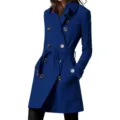 Cappotto Lungo Da Donna In Lana Doppio Petto Con Cintura Elegante Giacca Blu Inverno Nuova - Taglia M / Blu