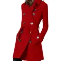 Elegante cappotto lungo da donna in lana rossa con doppio petto e cintura elegante. - Taglia M / Rosso