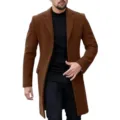 Men's brown wool blend single breasted trench coat detail view, classic lapel design. - M / Brown