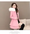 Manteau en laine rose pour femme hiver veste cintrée à capuche avec col en fausse fourrure - S / Rose