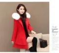 Manteau en laine femme hiver capuche coupe cintrée col fausse fourrure élégant chic - S / Rouge